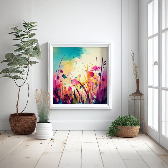 Abstract Wildflower Meadow Painting, Colourful Vibrant Botanical Art Prints, Abstract Mixed Media flower Art, Extra Large Painting, Wall Art