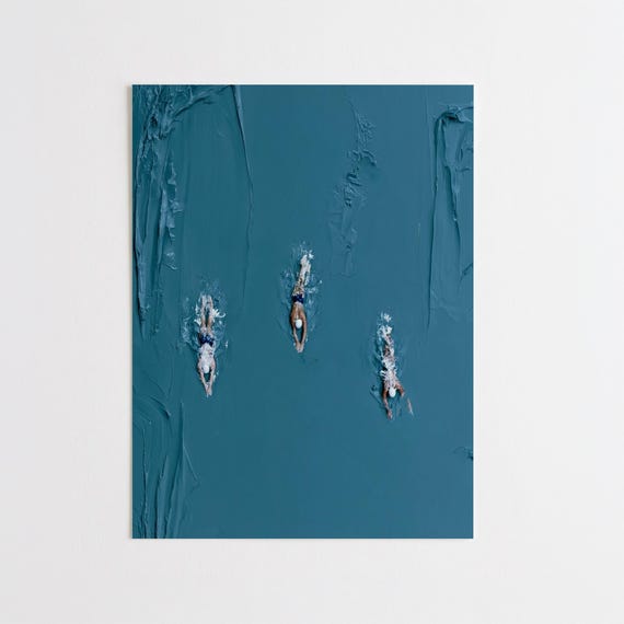 Sea Swimmers Modern Teal Wall Art | Werner Bronkhorst  Inspired Abstract Ocean Living Room Decor