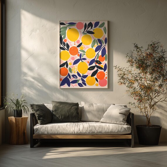 Lemons Oranges Abstract Yellow Pink Kitchen Wall Art | Vibrant Mediterranean Modern Home Decor