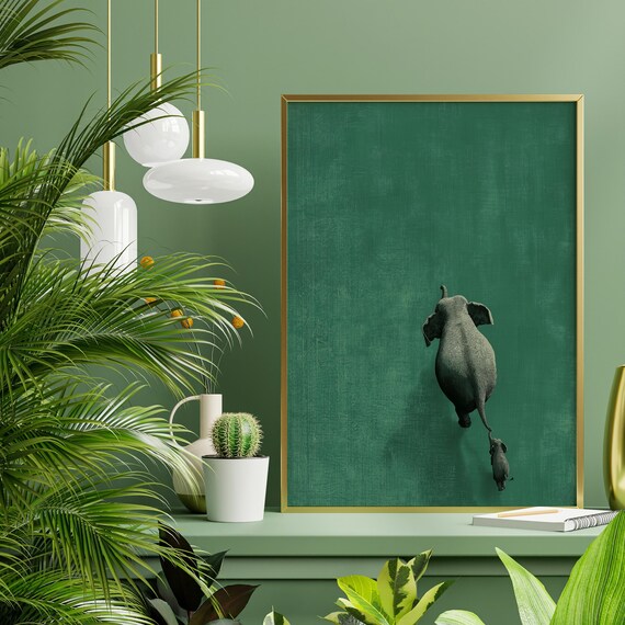 Elephant Mother and Baby Block Print Minimalist Green Nursery Art | Wildlife Gift for Mum