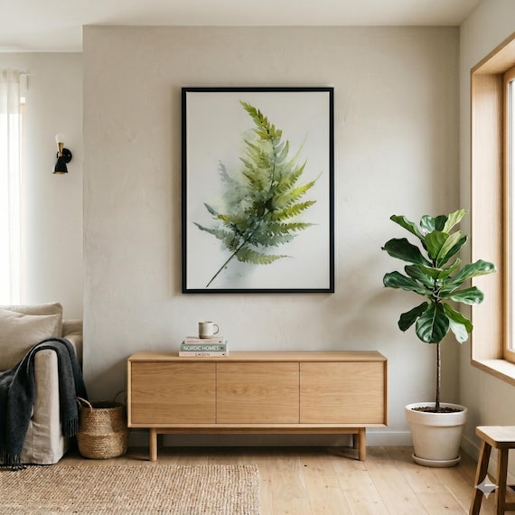 Fernleaf Minimalist Watercolour Green Living Room Wall Art | Nature Home Decor