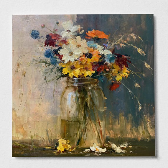 Wildflowers Impressionist Oil Painting for Living Room | Earthy Tones Vintage Print Home Decor