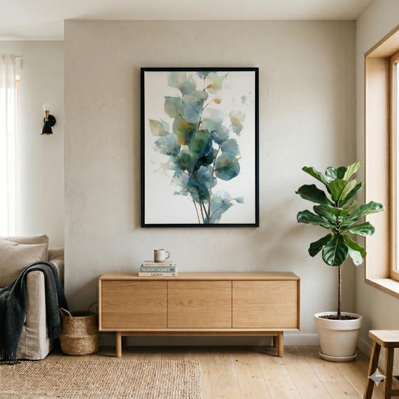 Eucalyptus Botanical Watercolour Modern Living Room Art | Green Blue Decor