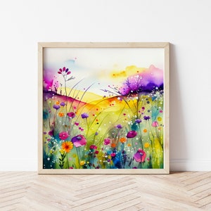 Abstract Wildflower Meadow Painting, Colourful Botanical Art Prints, Wild flower Art, Colourful Wall Art