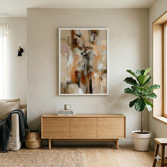 Fox Abstract Warm Tones Living Room Wall Art | Modern Animal Art Decor