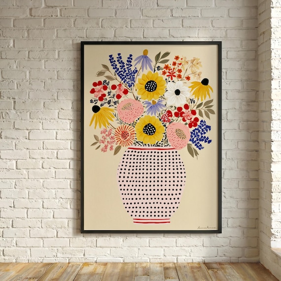 Vibrant Flower Pot Abstract Flowers Yellow Tones Living Room Art | Modern Wall Decor