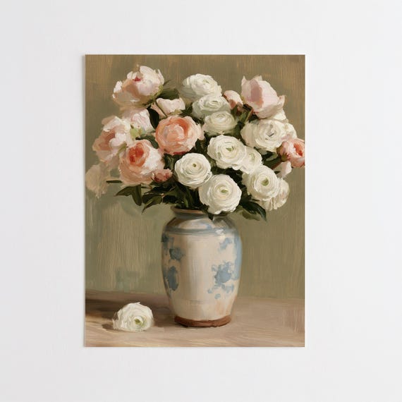 White Ranunculus Still Life Print, Blue and White Vase Flower Painting, Peach Floral Wall Art, Vintage French Country Bedroom Decor