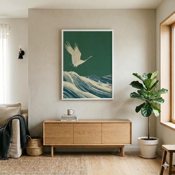 Japanese Crane Lino Print Green Blue Living Room Art Traditional Japanese | Heron  Japandi Minimalist Nature Wall Art