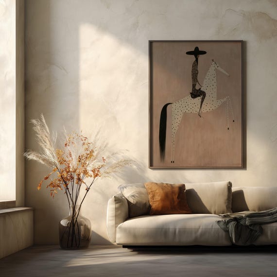 Cowgirl Rearing Horse Abstract Earth Tones Living Room Wall Art | Modern Equestrian Home Decor Western Cowboys