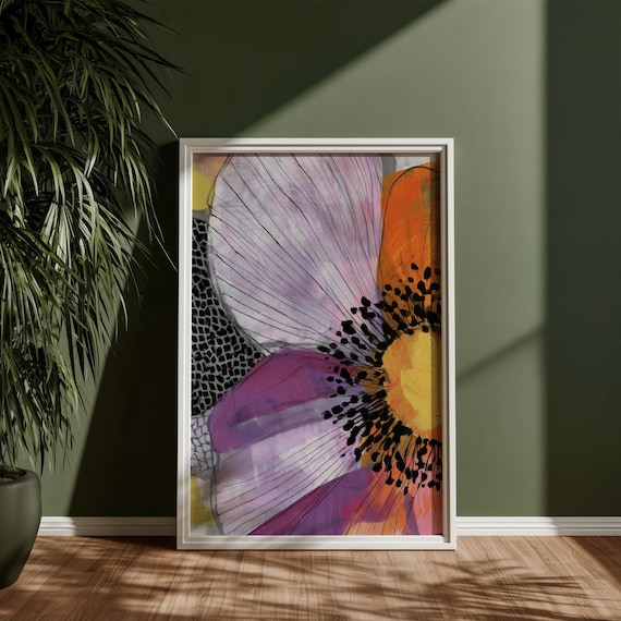 Flower Organic Abstract Living Room Wall Art | Modern Orange and Purple Home Decor
