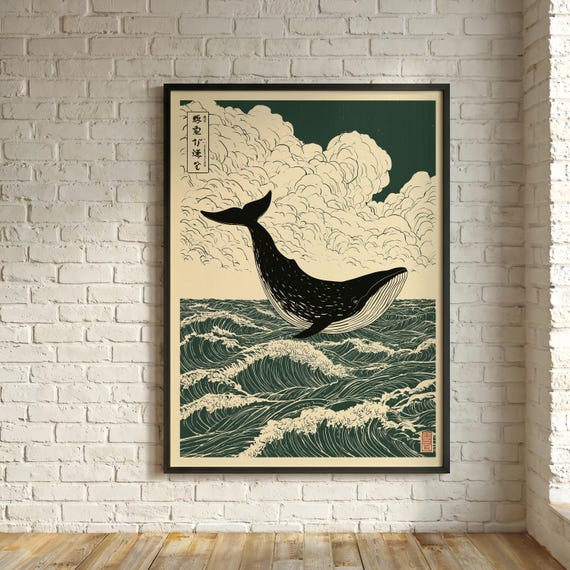 Japanese Whale Block Print Japandi Minimalist Living Room Wall Art | Ocean Home Decor