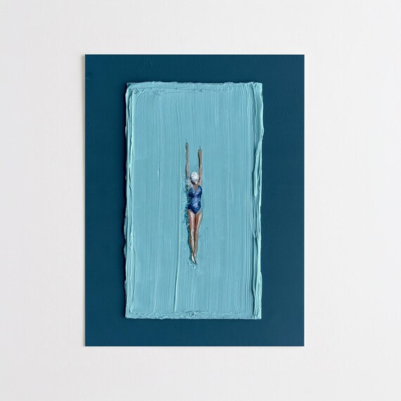 Poolside Swimmer Abstract Blue Art | Modern Living Room Wall Art | Minimalist Home Decor