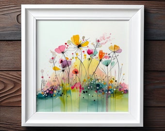 Abstract Watercolour Wildflower Meadow Painting, Colourful Botanical Art Prints, Abstract flower Art, Extra Large Painting, Wall Art