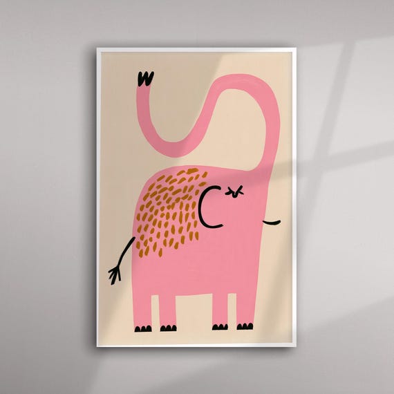 Cute Pink Elephant Nursery Art Kids Room Decor Minimalist Animal Print Wall Art