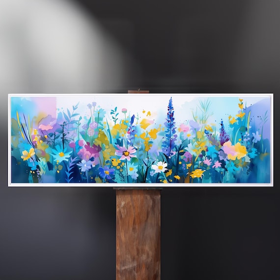 Panoramic Flower Meadow Painting Colourful Botanical Art Prints Abstract Landscape Wild Flower Art Extra Large Panoramic Floral Wall Art