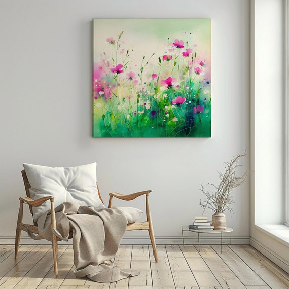Abstract Wildflower Meadow Painting, Colourful Botanical Art Prints, Wild flower canvas, Colourful Wall Art