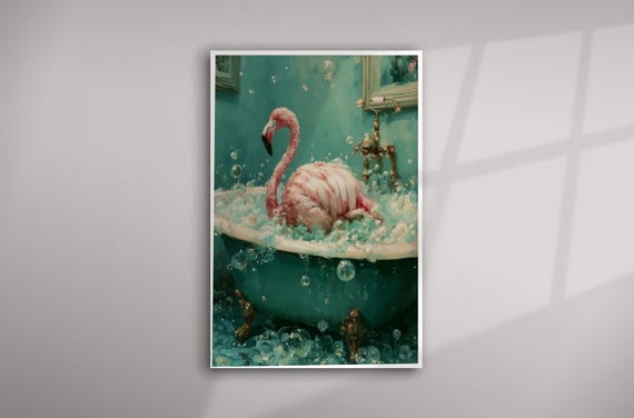 Flamingo Bubble Bath Modern Aqua Tones Bathroom Wall Art | Fun Animal Print Decor