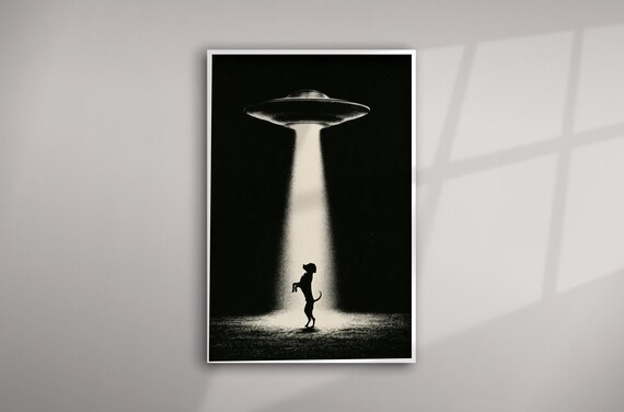 UFO Dog Quirky Monochrome Living Room Wall Art | Mystical Surreal Dog art