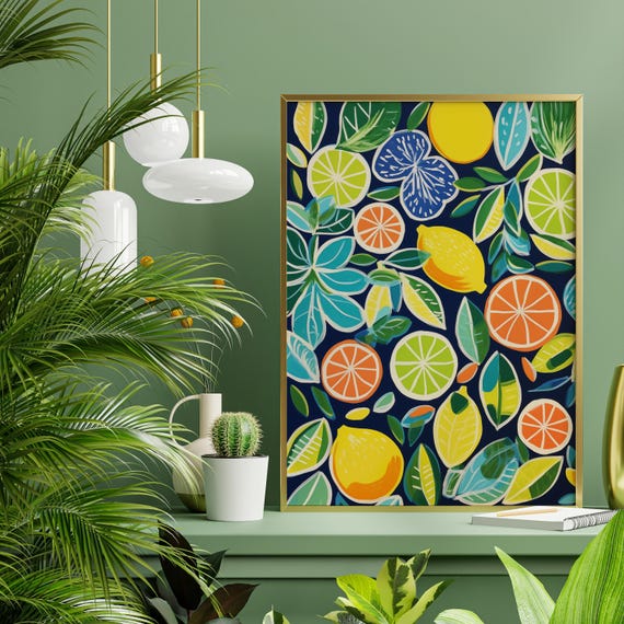 Citrus Fruits Abstract Colourful Living Room lemons and Limes Wall Art | Modern Kitchen Decor Country Farmhouse