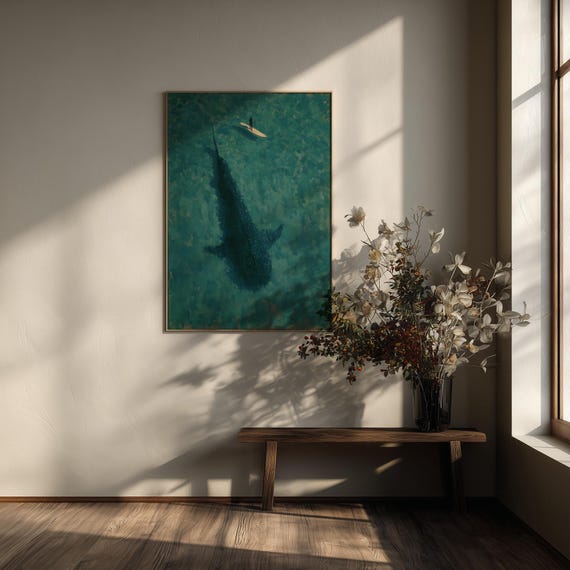 Whaleshark Surfer Minimalist Blue Ocean Painting Print Living Room Wall Art | Modern Home Decor