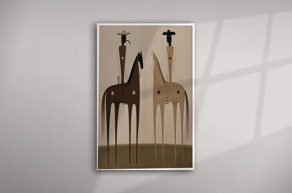 Western Cowboys Minimalist Earth Tones Living Room Wall Art | Unique Western Style Home Decor