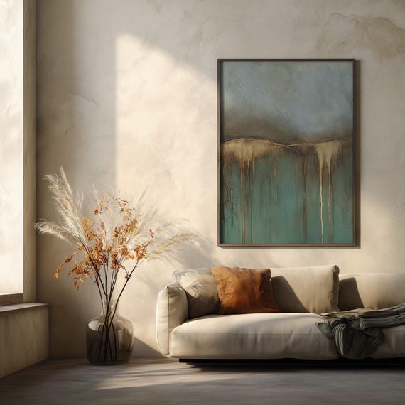 Abstract Landscape Cliffs Dramatic Landscape Modern Home Decor Blue Gold Living Room Wall Art