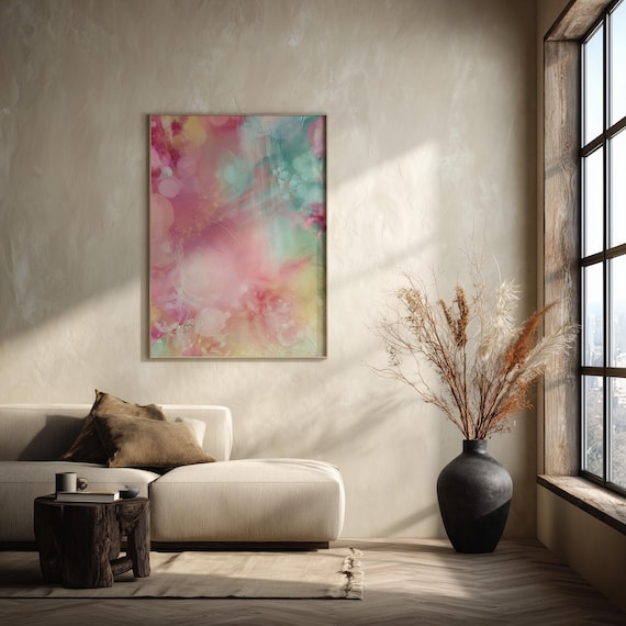 Pink Blue Bubbles Abstract Pink Art Print Girly Chic Living Room Wall Art Colourful Home Decor