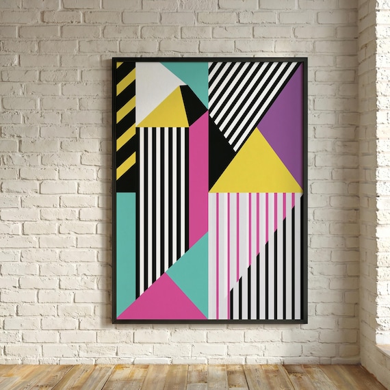 Retro 1980s Geometric Pattern Pop Art for Living Room | Bold Colourful Home Decor
