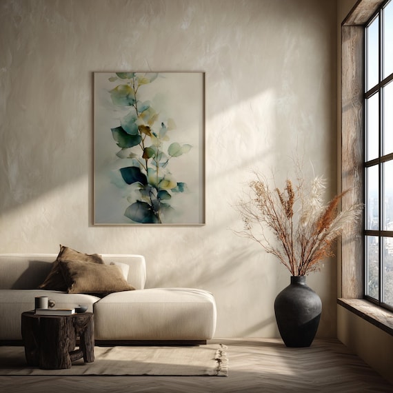 Eucalyptus Minimalist Green Botanical Living Room Wall Art | Abstract Print Decor
