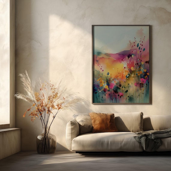 Wildflower Meadow Abstract Warm Tones Living Room Wall Art | Colourful Home Decor