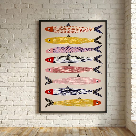 Sardines Abstract Modern Blue Yellow Kitchen Decor | Playful Coastal Fish Art