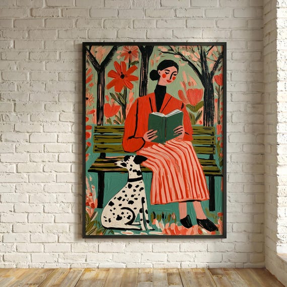 Woman Reading at Dog Park Abstract Modern Impressionist Portrait Warm Tones Living Room Wall Art