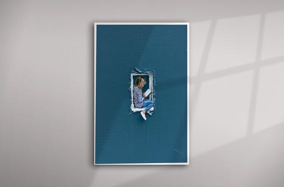 Girl Reading Window Portrait in Abstract Blue Art for Living Room | Impasto Calming Wall Decor