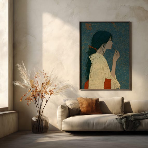 Japanese Woman Block Print in Blue Tones | Elegant Living Room Japandi Wall Art, Traditional Japanese Home Decor
