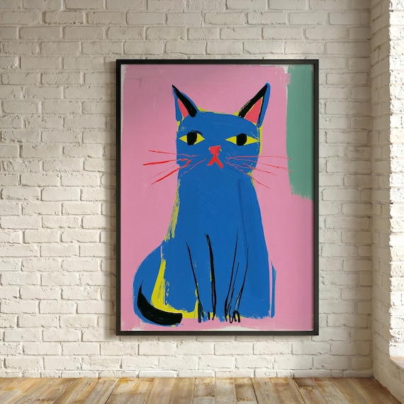 Cat Abstract Neon Blue Pink Funny Cat Lovers Modern Art Vibrant Living Room Wall Art Silly Cat Portrait
