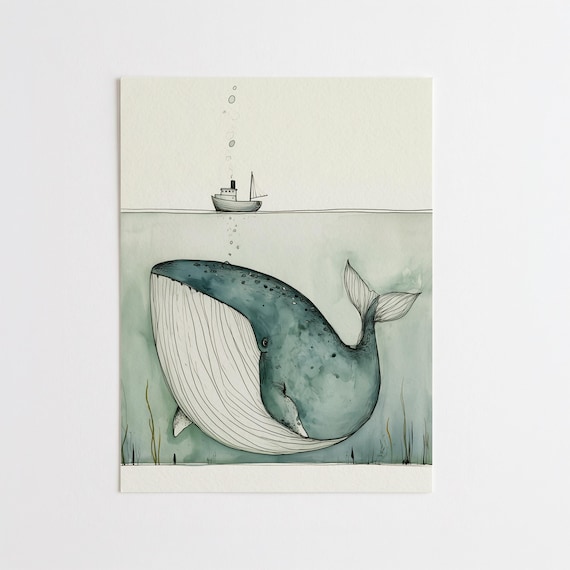 Whale Boat Nursery Minimalist Blue Art Illustration | Calm Ocean Nursery Decor Wall Art