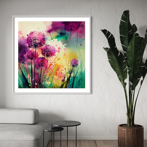 Abstract Allium Flower Watercolor Painting, Botanical Art Print