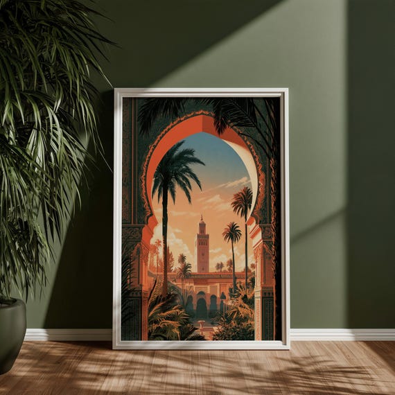 Marrakech Vintage Travel Poster, Marrakech Dusk Arch, Retro Morocco Travel Print, Marrakech Wall Art, Travel Lover Gift
