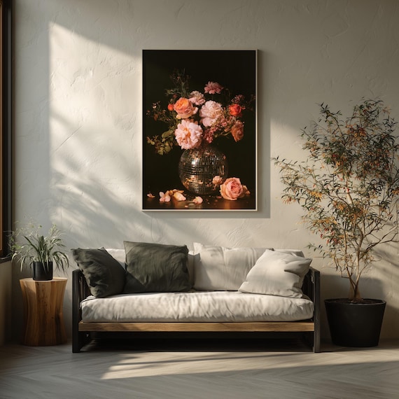 Disco Ball Flower Bouquet Quirky Vintage Living Room Wall Art  Modern Gothic Floral Print