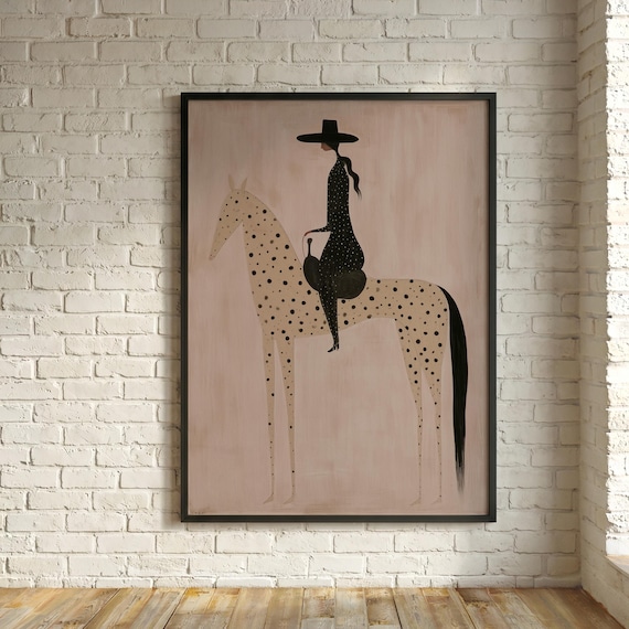 Minimalist Cowgirl Horse Rider Neutral Tones Living Room Wall Art | Cowgirl Abstract Western Decor