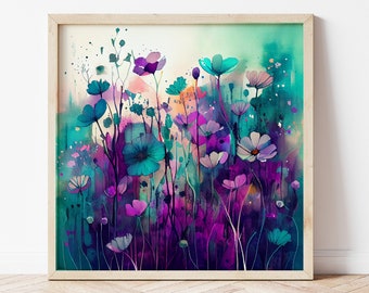 Abstract Wildflower Meadow Painting, Colourful Botanical Art Prints, Wild flower Art, Colourful Wall Art