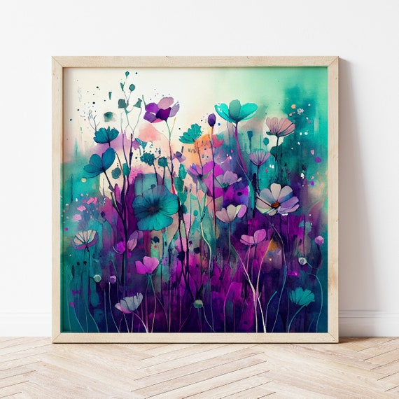 Abstract Meadow Painting Teal & Purple Flowers Botanical Art Prints Wild flower Art  Colourful Framed Flower Wall Art