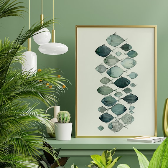 Fish School Minimalist Blue Nursery Wall Art | Aqua Ocean Kids Room Decor