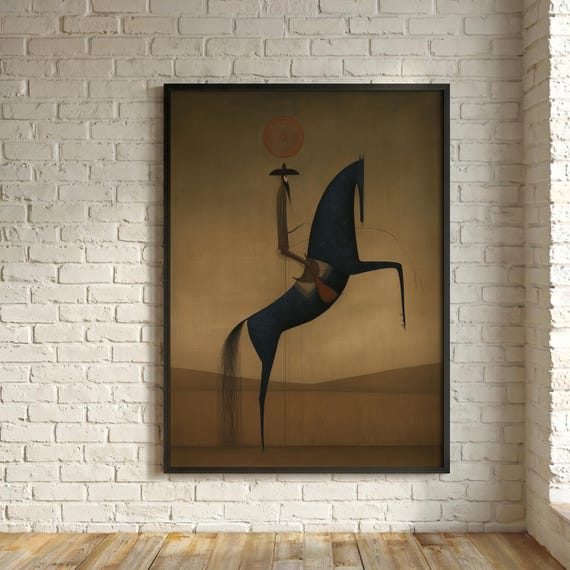 Western Cowboy Rodeo Abstract Blue Art Living Room Wall Art | Gold Accents Home Decor