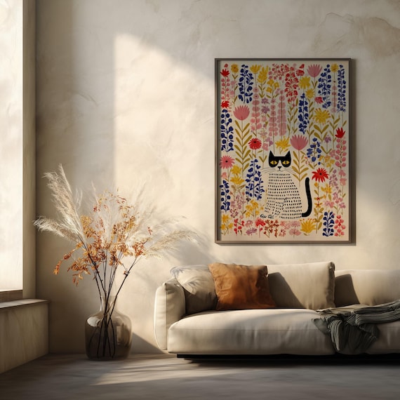 Vibrant Cat in Flower Garden Abstract Colourful Living Room Wall Art | Whimsical Home Decor