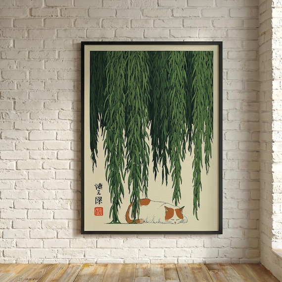Japanese Cat Willow Calming Green Living Room Wall Art | Weeping Willow tree and cat Traditional Japanese
