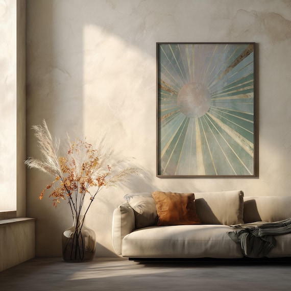 Sun Art Deco Abstract Mint Green Living Room Art | Modern Gold Accent Sunbeams  Home Decor