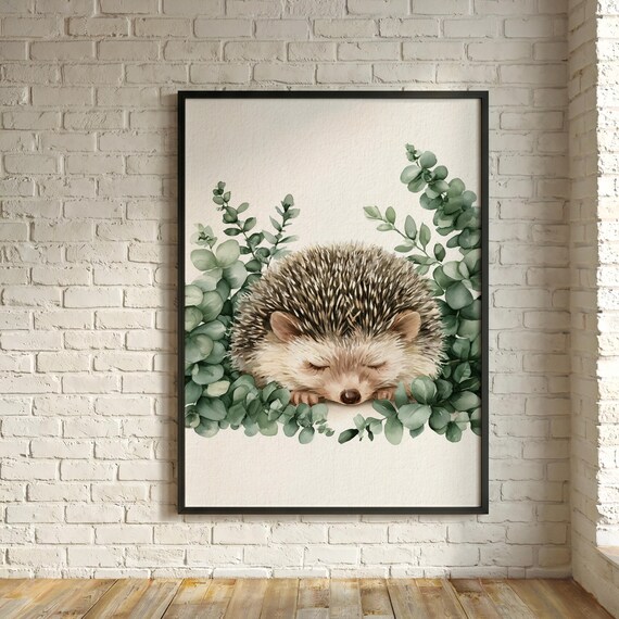 Baby Hedgehog Nursery Print, Hedgehog Eucalyptus Peek, Eucalyptus Woodland Wall Art, Sage Botanical Watercolour, Neutral Baby Decor