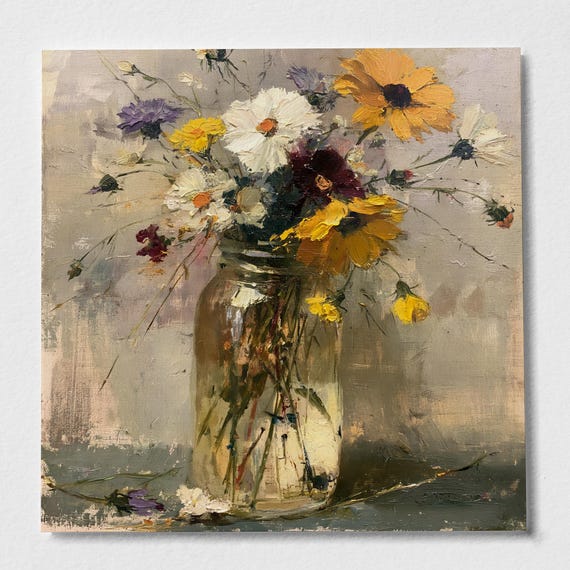 Vase of Wildflowers Impressionist Yellow Tones Living Room Wall Art | Canvas Print Home Decor
