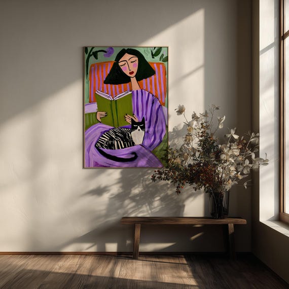 Woman Reading Cat Abstract Art with Purple Tones for Living Room | Book lovers Modern Home Decor